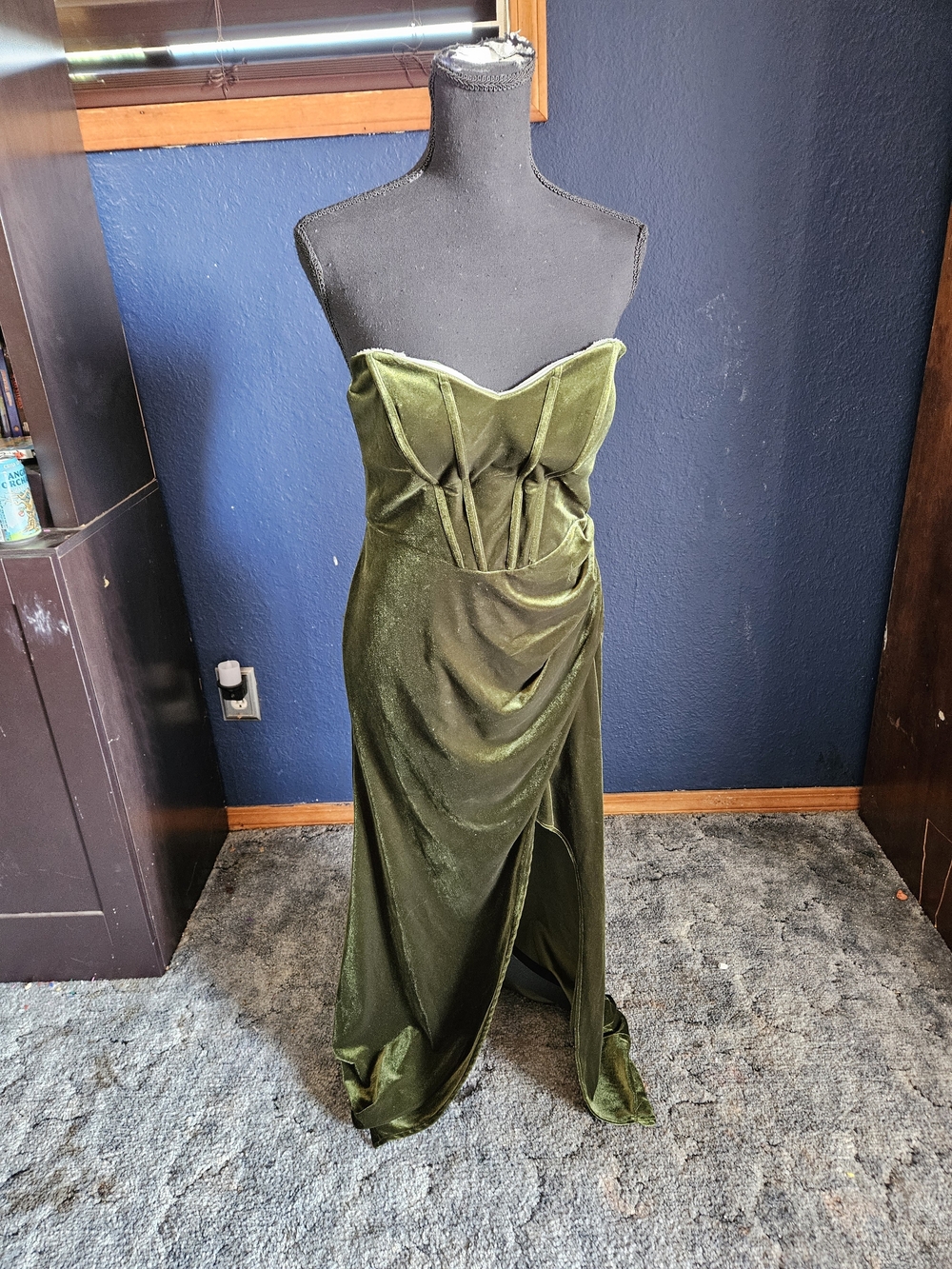 Azazie Olive Green Velvet Strapless Gown
